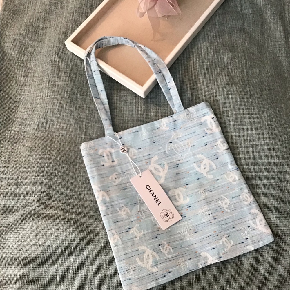 Chanel Boutique Tote Bag Light Blue.With It’s iconic Branding.